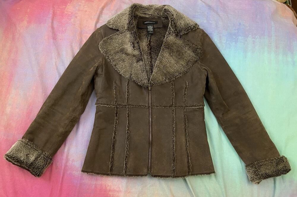 Vintage Y2K Suede Leather Faux Fur Penny Lane Jacket Brown Boho 70s Moda Intl S